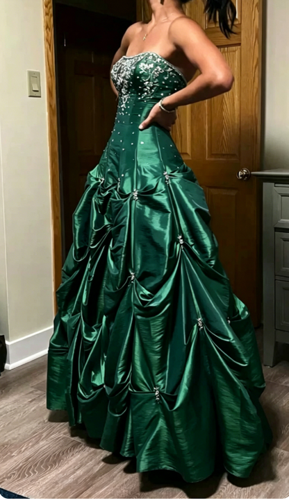 Feenhaftes, trägerloses A-Linien-Abendkleid in Grün, Ballkleid aus Satin, formelles Kleid DP05470