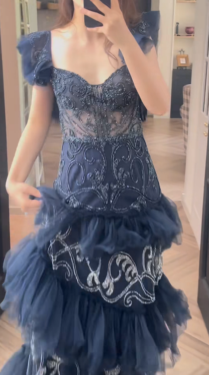 Märchenhafte Liebste Etui Lang Abendkleid Marineblau Ballkleid Tüll Festliches Kleid DP05471