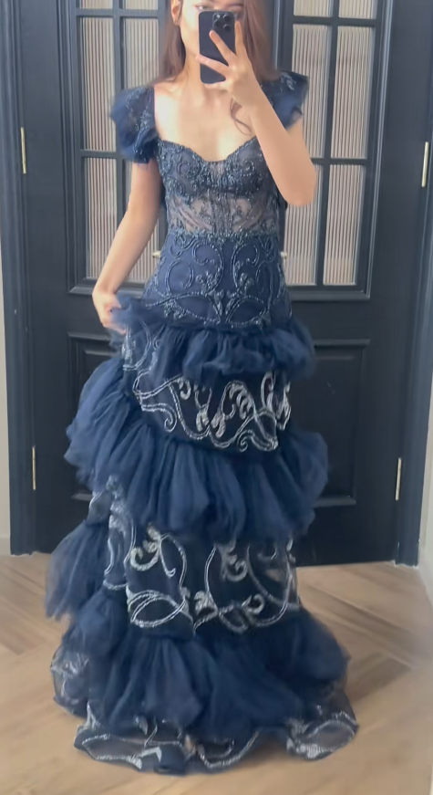 Märchenhafte Liebste Etui Lang Abendkleid Marineblau Ballkleid Tüll Festliches Kleid DP05471