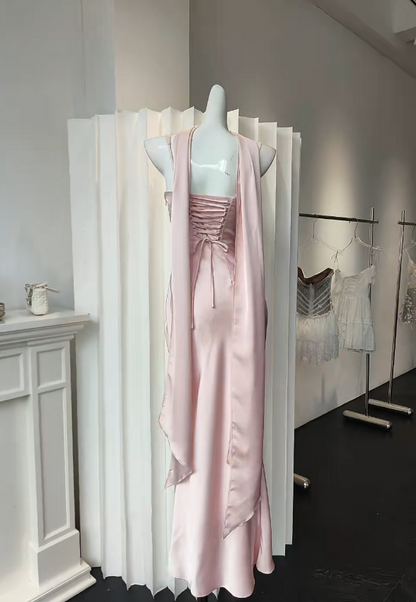 Elegantes Etuikleid mit Spaghettiträgern, langes Abendkleid, pinkes Ballkleid, Satinkleid, formelles Kleid DP05474