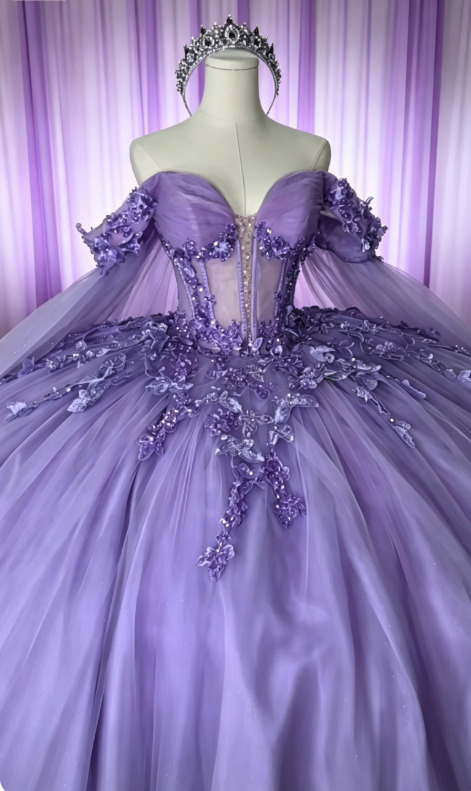 Elegantes schulterfreies Ballkleid Quinceanera Kleid Lila Ballkleid Tüll Strasssteine Lila Sweet 16 Kleid DP05477