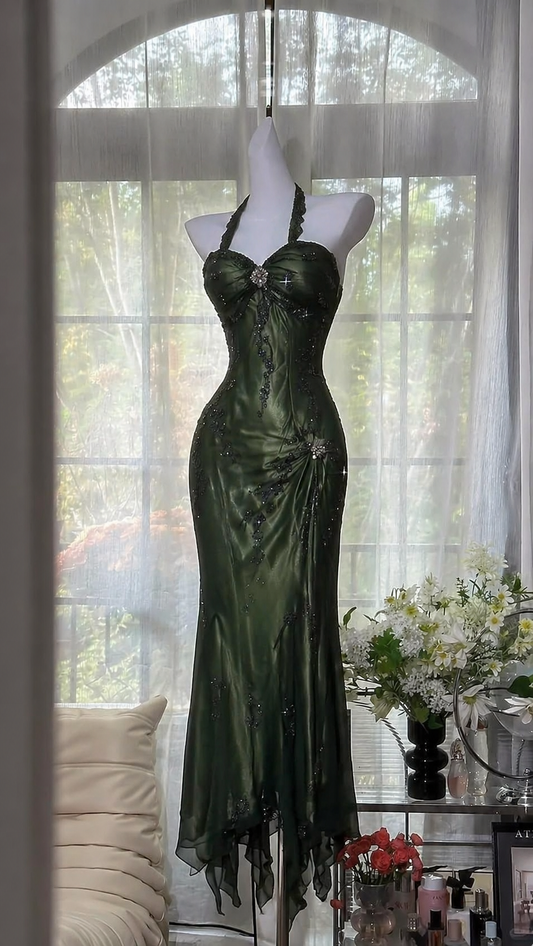 Elegant Halter Sheath Chiffon Long Evening Dress Dark Green Prom Dress  DP05478