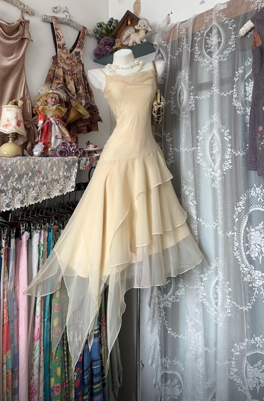 Sexy Spaghetti Straps A-Line Birthday Dress Chiffon Cocktail Dress Yellow Graduation Party Dress  DP05484