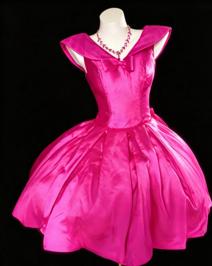 Süßes V-Ausschnitt A-Linien-Geburtstagskleid Satin Cocktailkleid Hot Pink Abschlussfeier Kleid DP05485