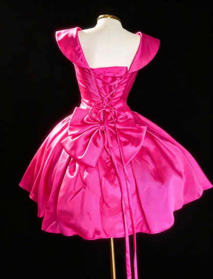 Süßes V-Ausschnitt A-Linien-Geburtstagskleid Satin Cocktailkleid Hot Pink Abschlussfeier Kleid DP05485