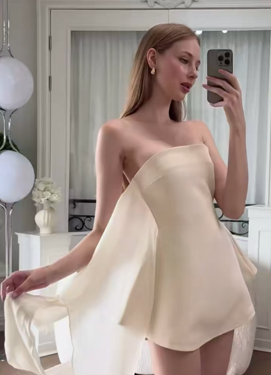 Chic White Short Prom Dress A-Line Chiffon Birthday Dress Strapless  Cocktail Dress DP05488