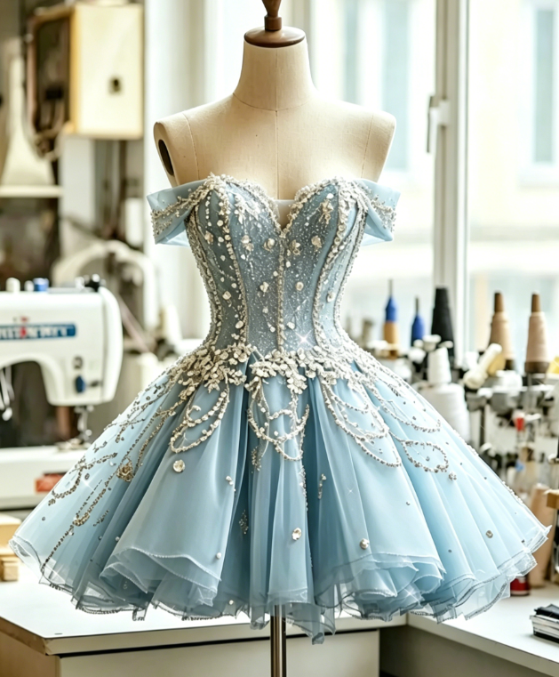 Robe de bal courte bleue chic, ligne A, perles, tulle, robe d'anniversaire, robe de cocktail épaule dénudée DP05491