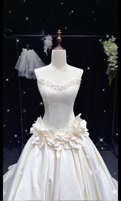 Elegant White Wedding Dress Strapless A-Line Bridal Dress Beaded Satin Bridal Gown DP05494