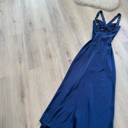 Elegantes blaues Ballkleid Neckholder Etui-Satin langes Abendkleid DP05500