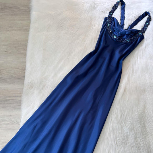 Elegant Blue Prom Dress Halter Sheath Satin Long Evening Dress  DP05500