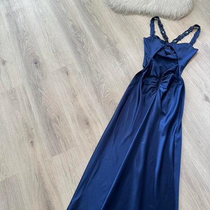 Elegantes blaues Ballkleid Neckholder Etui-Satin langes Abendkleid DP05500