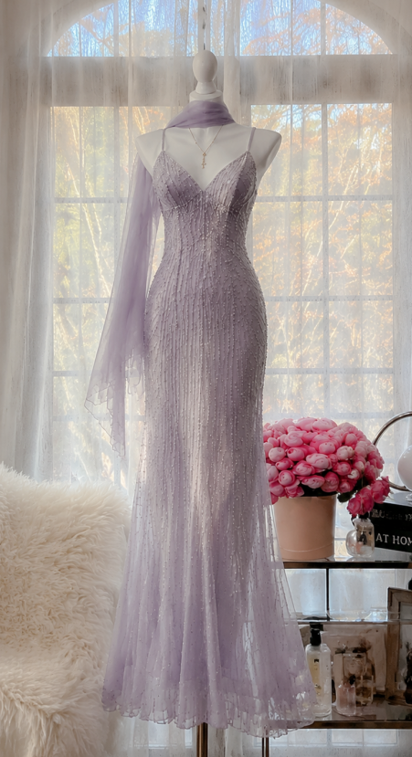Elegantes Lavendel Prom Dress Spaghettiträger Etui Perlen Chiffon Langes Abendkleid DP05504