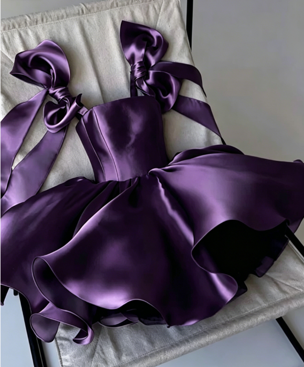 Élégante Robe d'Anniversaire Évasée à Bretelles Fines, Robe de Bal en Satin pour Cérémonie de Remise de Diplôme, Robe de Soirée Courte Violette DP05506
