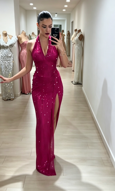 Robe de soirée longue en mousseline fourreau élégant à licou fuchsia pour bal de promo DP05511