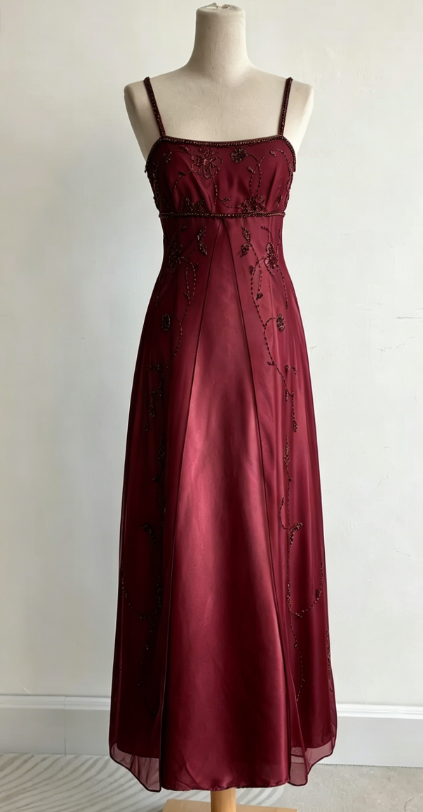 Elegantes langes Abendkleid aus Satin mit Spaghettiträgern in A-Linie, Burgunderrot, Ballkleid DP05512