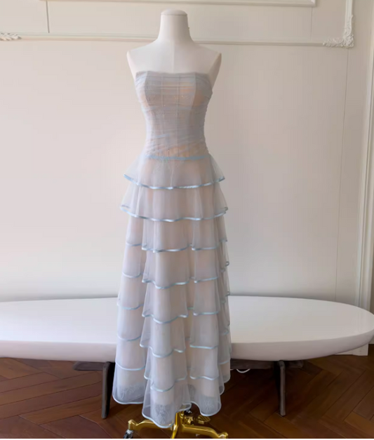 Elegant Strapless A-Line Tulle Long Evening Dress Blue Prom Dress DP05514