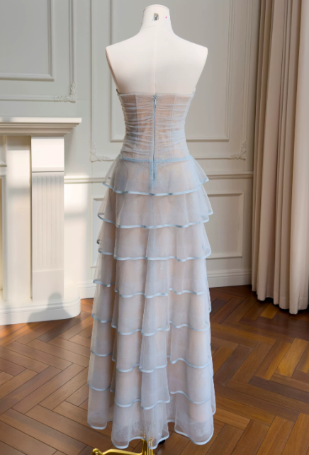 Elegantes trägerloses A-Linien-Abendkleid aus Tüll in Blau, Ballkleid DP05514