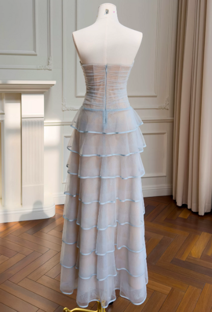 Elegantes trägerloses A-Linien-Abendkleid aus Tüll in Blau, Ballkleid DP05514