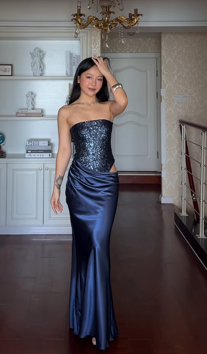 Elegant Strapless Sheath Satin Long Evening Dress Navy Blue Prom Dress DP05516