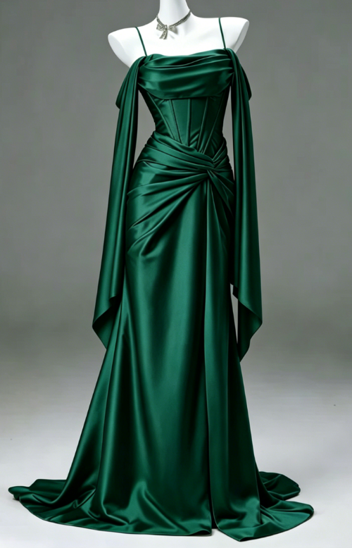Elegantes Etuikleid mit Spaghettiträgern aus Satin, langes Abendkleid, dunkelgrünes Ballkleid DP05518