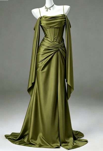 Elegantes Etuikleid mit Spaghettiträgern aus Satin, langes Abendkleid, dunkelgrünes Ballkleid DP05518