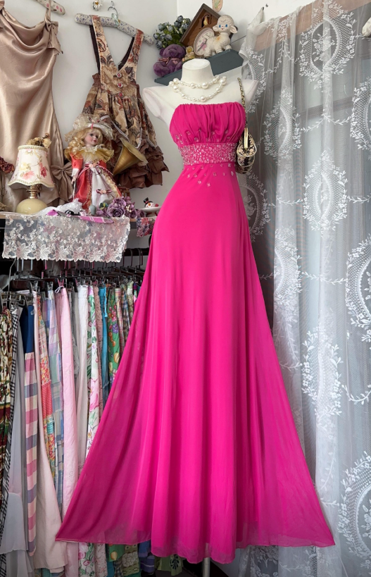 Elegantes trägerloses Etui-Chiffon-Abendkleid, langes Abendkleid, leuchtendes Pink, Ballkleid DP05519