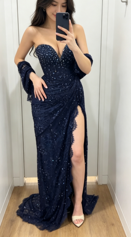 Elegantes Sweetheart Etuikleid aus Spitze, langes Abendkleid, Strass, Marineblau, Ballkleid DP05523