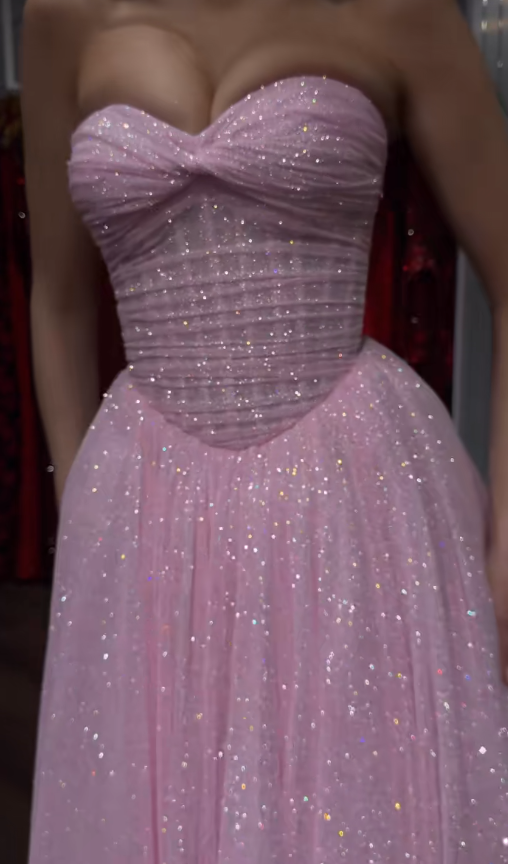 Elegantes Sweetheart A-Linie Tüll Abendkleid Glitzer Pink Ballkleid DP05524