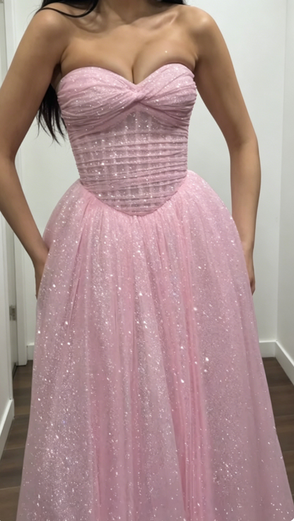 Elegantes Sweetheart A-Linie Tüll Abendkleid Glitzer Pink Ballkleid DP05524