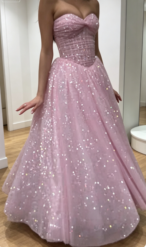 Elegantes Sweetheart A-Linie Tüll Abendkleid Glitzer Pink Ballkleid DP05524