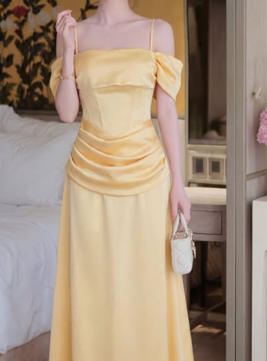 Elegantes gelbes Brautjungfernkleid mit Spaghettiträgern, Etui-Form, aus Satin, langes Abendkleid DP05526