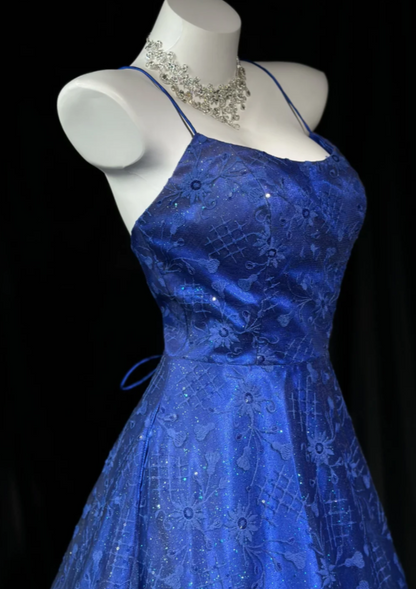 Chic Spaghetti Straps Ball Gown Sweet 16 Dress Lace Long Prom Dress Royal Blue Quinceanera Dress DP05532