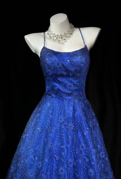 Chic Spaghetti Straps Ball Gown Sweet 16 Dress Lace Long Prom Dress Royal Blue Quinceanera Dress DP05532