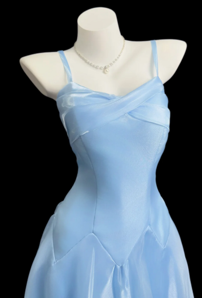 Elegantes Spaghetti-Träger A-Linien Chiffon langes Abendkleid Hellblaues Ballkleid DP05534