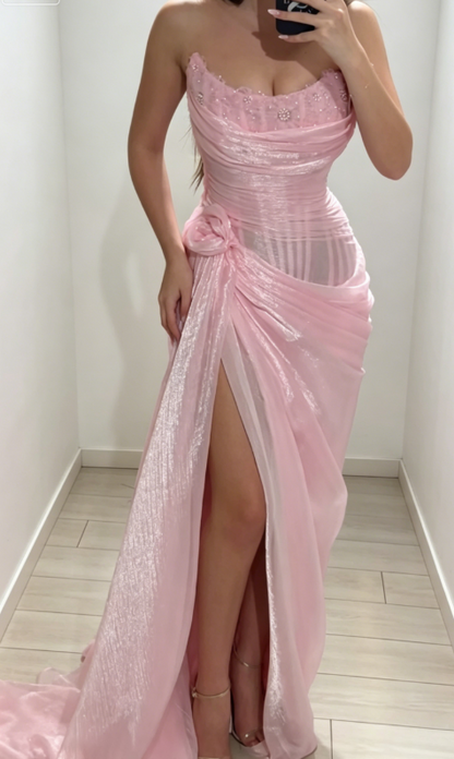 Élégante Robe de Soirée Longue en Mousseline de Soie sans Bretelles Rose DP05535