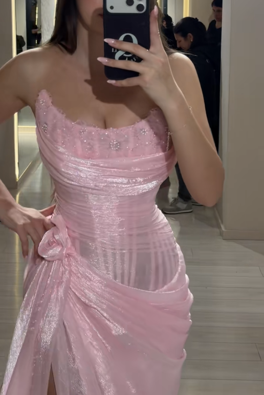 Élégante Robe de Soirée Longue en Mousseline de Soie sans Bretelles Rose DP05535