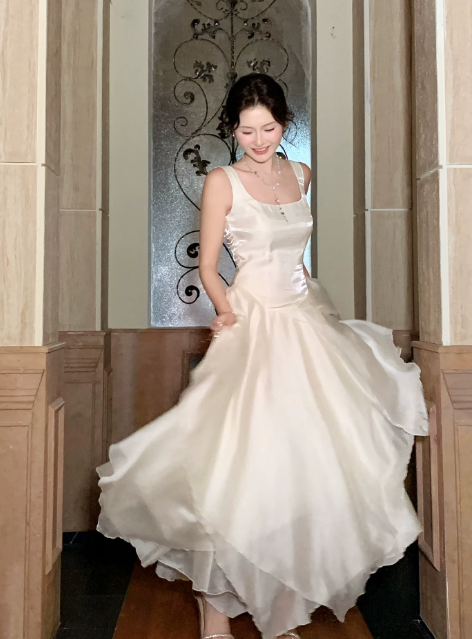 Robe de soirée longue en mousseline de soie, coupe trapèze, bretelles élégantes, pour anniversaire, couleur blanc, DP05538