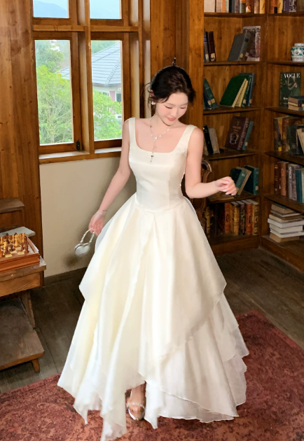 Robe de soirée longue en mousseline de soie, coupe trapèze, bretelles élégantes, pour anniversaire, couleur blanc, DP05538
