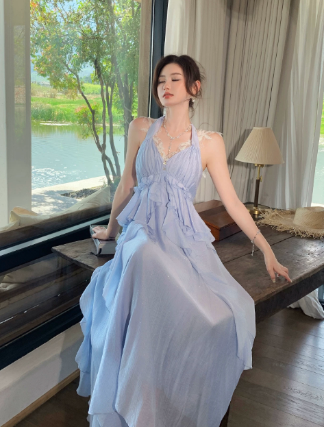 Élégante Robe d'Anniversaire Trapèze à Col Halter Bleu, Robe de Vacances Longue en Mousseline DP05539