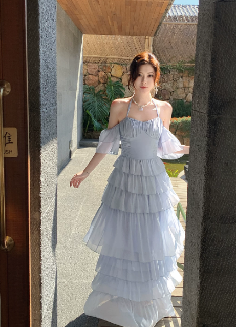 Robe de soirée longue en mousseline avec bretelles fines et coupe trapèze pour anniversaire, robe de vacances bleue DP05540