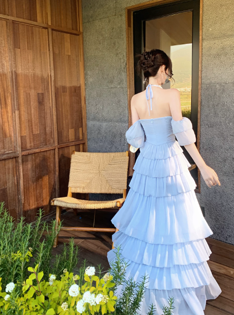 Elegantes Spaghetti-Träger A-Linien Geburtstagskleid Blaues Urlaubskleid Chiffon Langes Abendkleid DP05540
