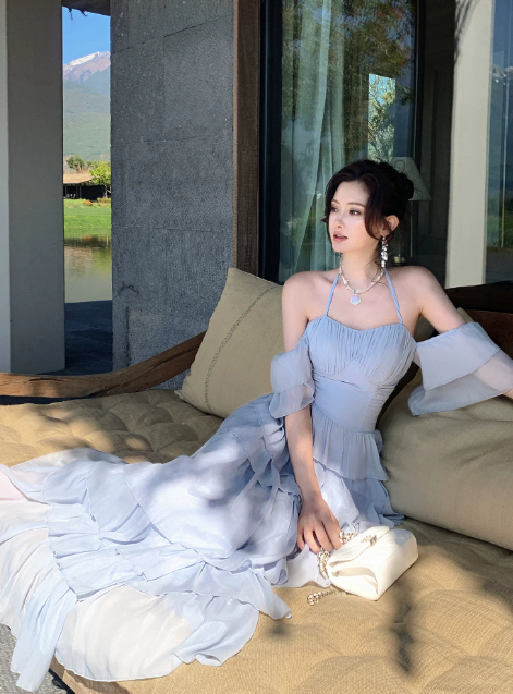 Robe de soirée longue en mousseline avec bretelles fines et coupe trapèze pour anniversaire, robe de vacances bleue DP05540
