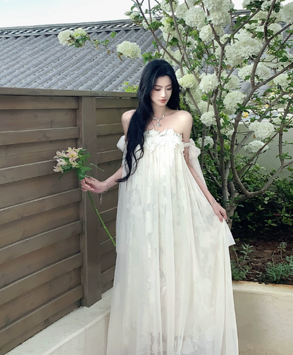 Robe Fourreau Chic à Épaules Dénudées pour Vacances, Robe Blanche de Cérémonie en Mousseline pour Fête sur la Plage DP05544