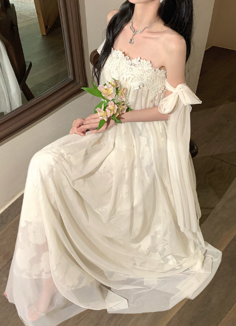 Robe Fourreau Chic à Épaules Dénudées pour Vacances, Robe Blanche de Cérémonie en Mousseline pour Fête sur la Plage DP05544
