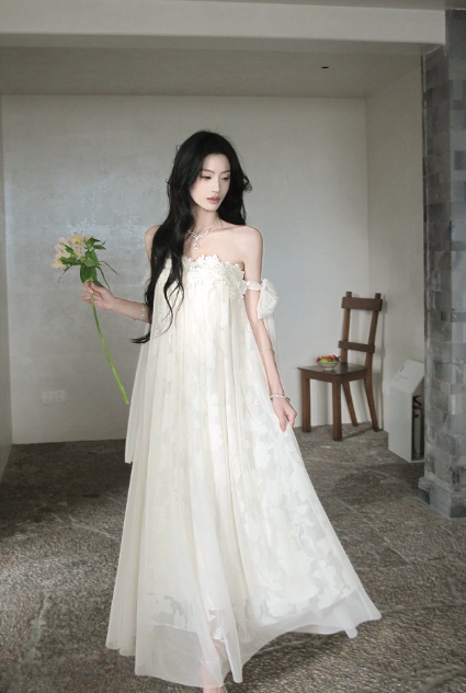 Robe Fourreau Chic à Épaules Dénudées pour Vacances, Robe Blanche de Cérémonie en Mousseline pour Fête sur la Plage DP05544