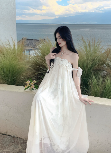 Robe Fourreau Chic à Épaules Dénudées pour Vacances, Robe Blanche de Cérémonie en Mousseline pour Fête sur la Plage DP05544