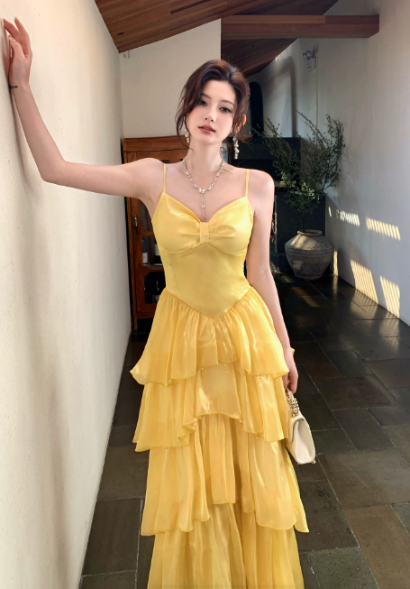 Chic Spaghetti Straps A-Line Vacation Dress Yellow Wedding Guest Dress Chiffon Beach Party Dress DP05545