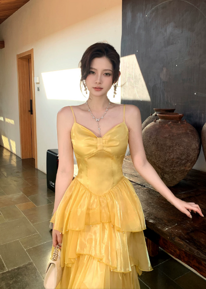 Chic Spaghetti Straps A-Line Vacation Dress Yellow Wedding Guest Dress Chiffon Beach Party Dress DP05545