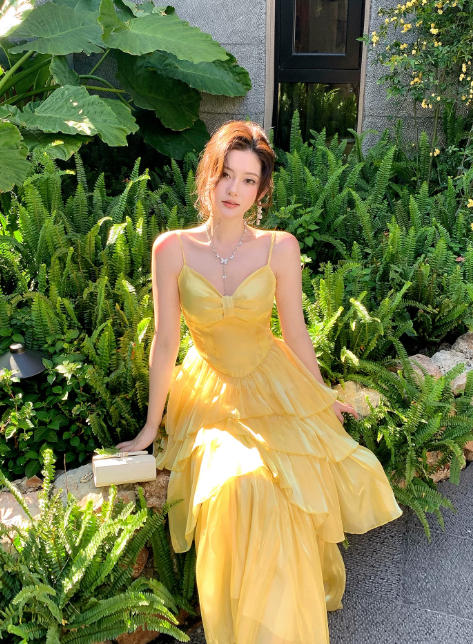 Chic Spaghetti Straps A-Line Vacation Dress Yellow Wedding Guest Dress Chiffon Beach Party Dress DP05545
