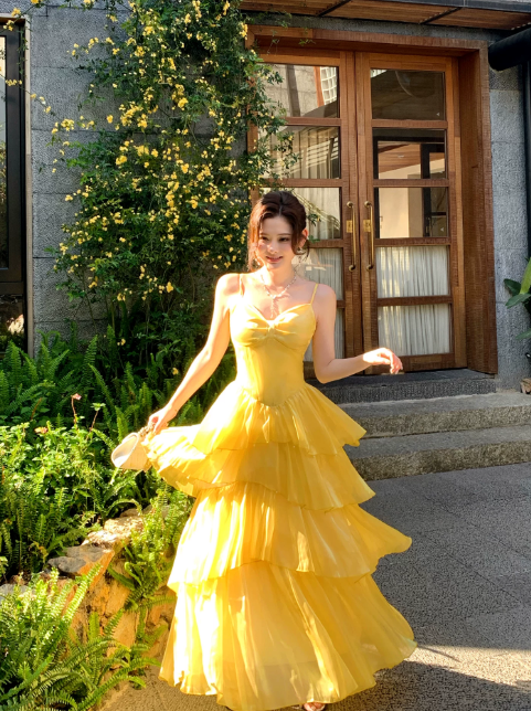 Chic Spaghetti Straps A-Line Vacation Dress Yellow Wedding Guest Dress Chiffon Beach Party Dress DP05545